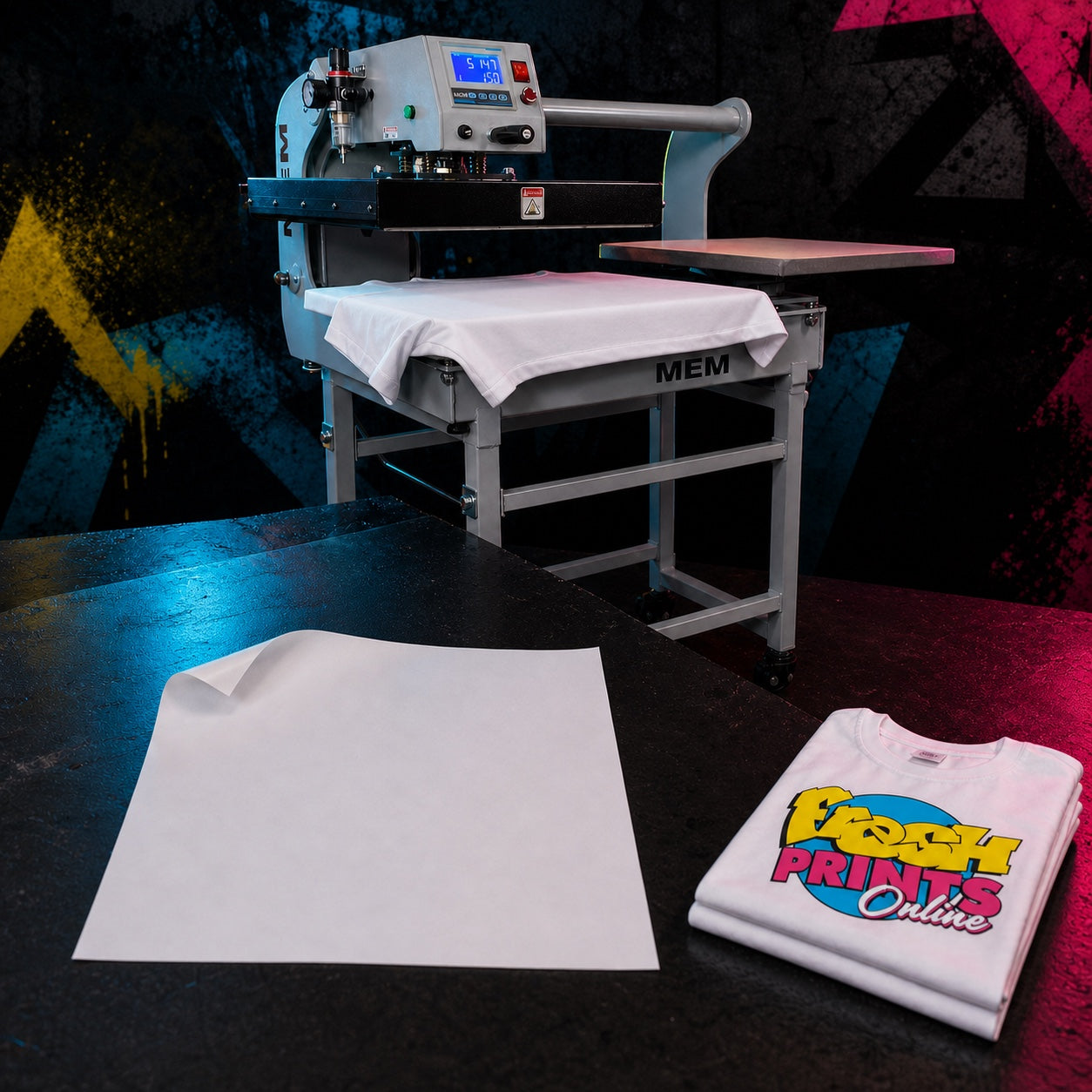 Fresh Prints sublimation paper, heat press, and finished white polyester shirt