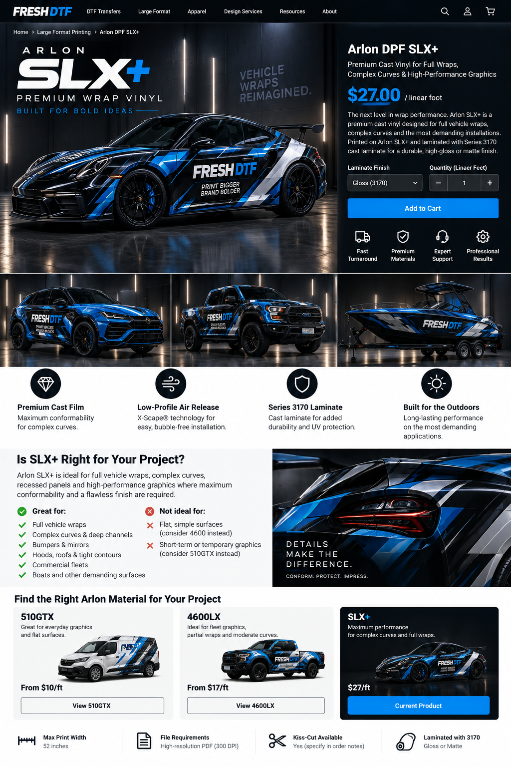 Arlon SLX+ premium cast wrap vinyl application guide with high-end vehicle wrap examples