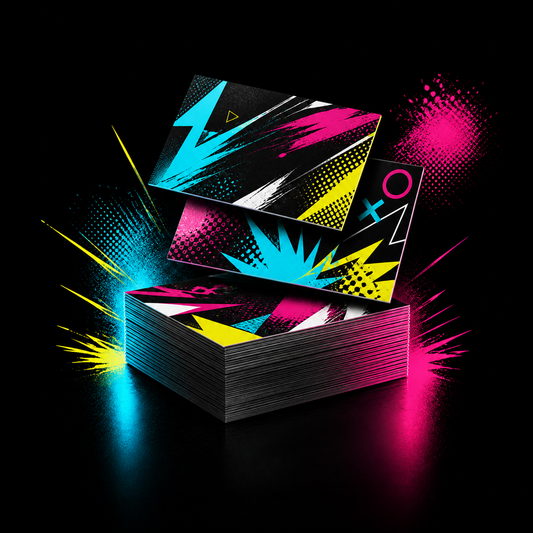 Fresh DTF custom business cards on a black background