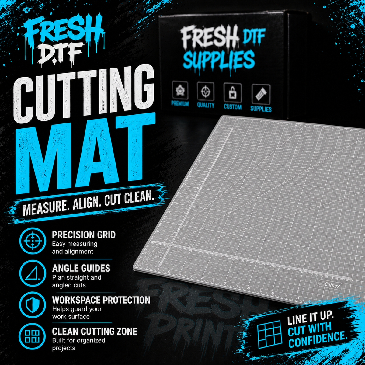 Fresh DTF Cutting Mat thumbnail with electric cyan accents and ghosted Fresh Prints wordmark