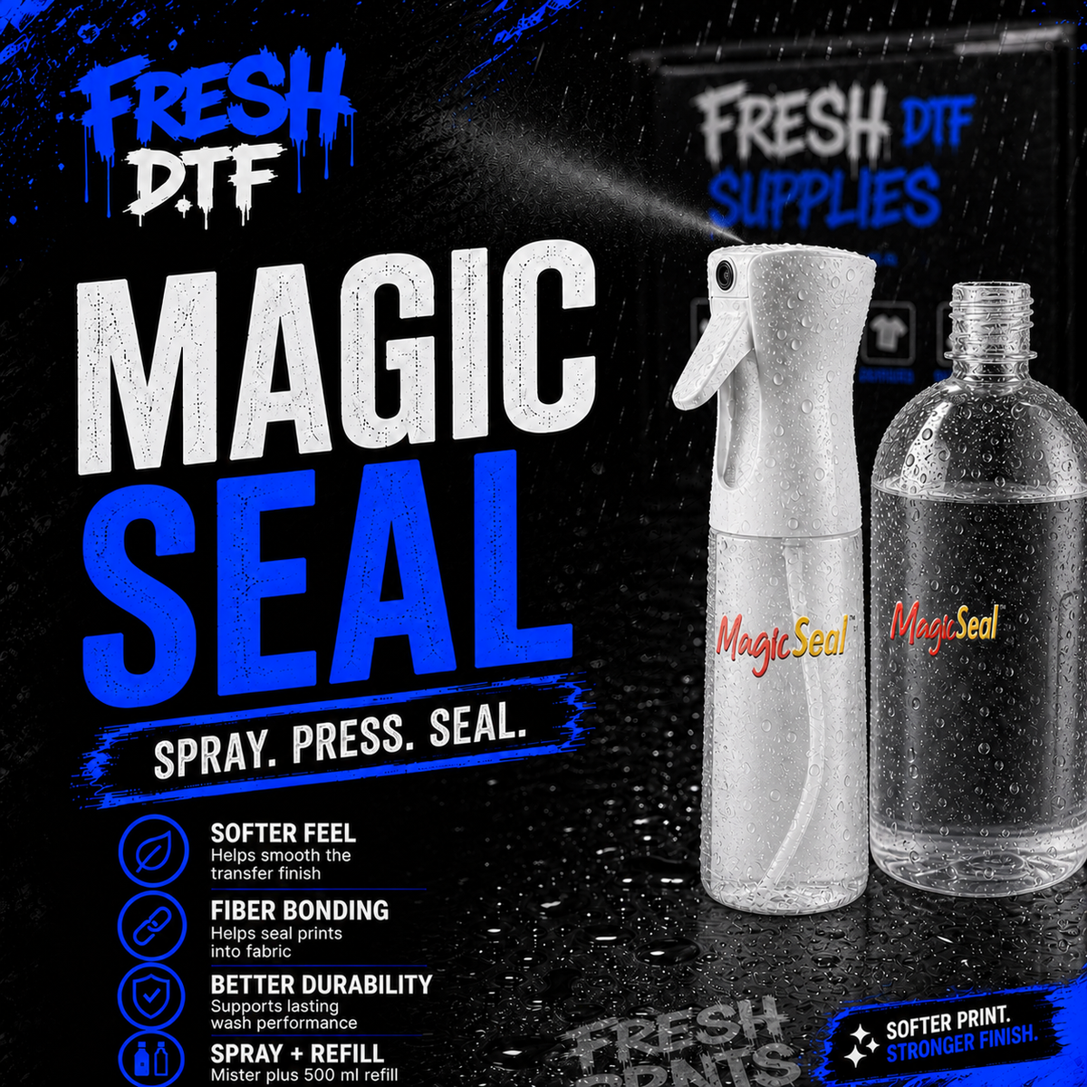 Fresh DTF MagicSeal spray and refill thumbnail with electric blue rain effects