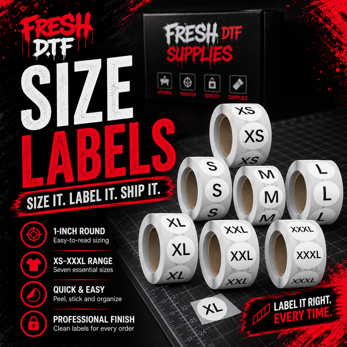 Fresh DTF Size Labels XS through 3XL thumbnail with red accents