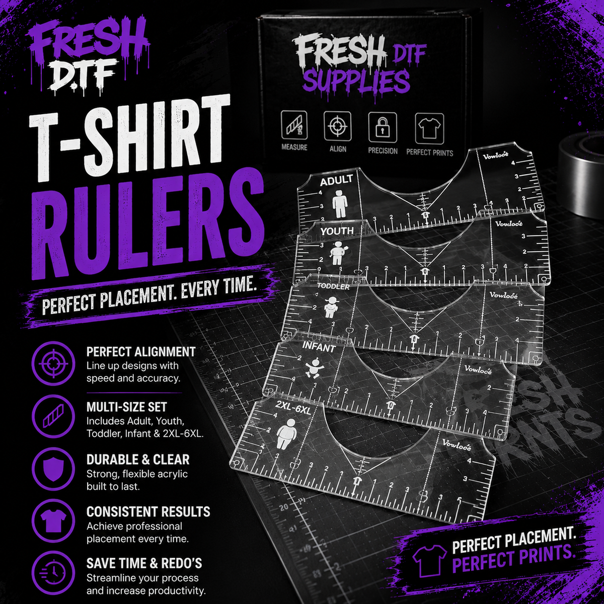 Fresh DTF T-Shirt Rulers multi-size placement ruler set in 90s purple