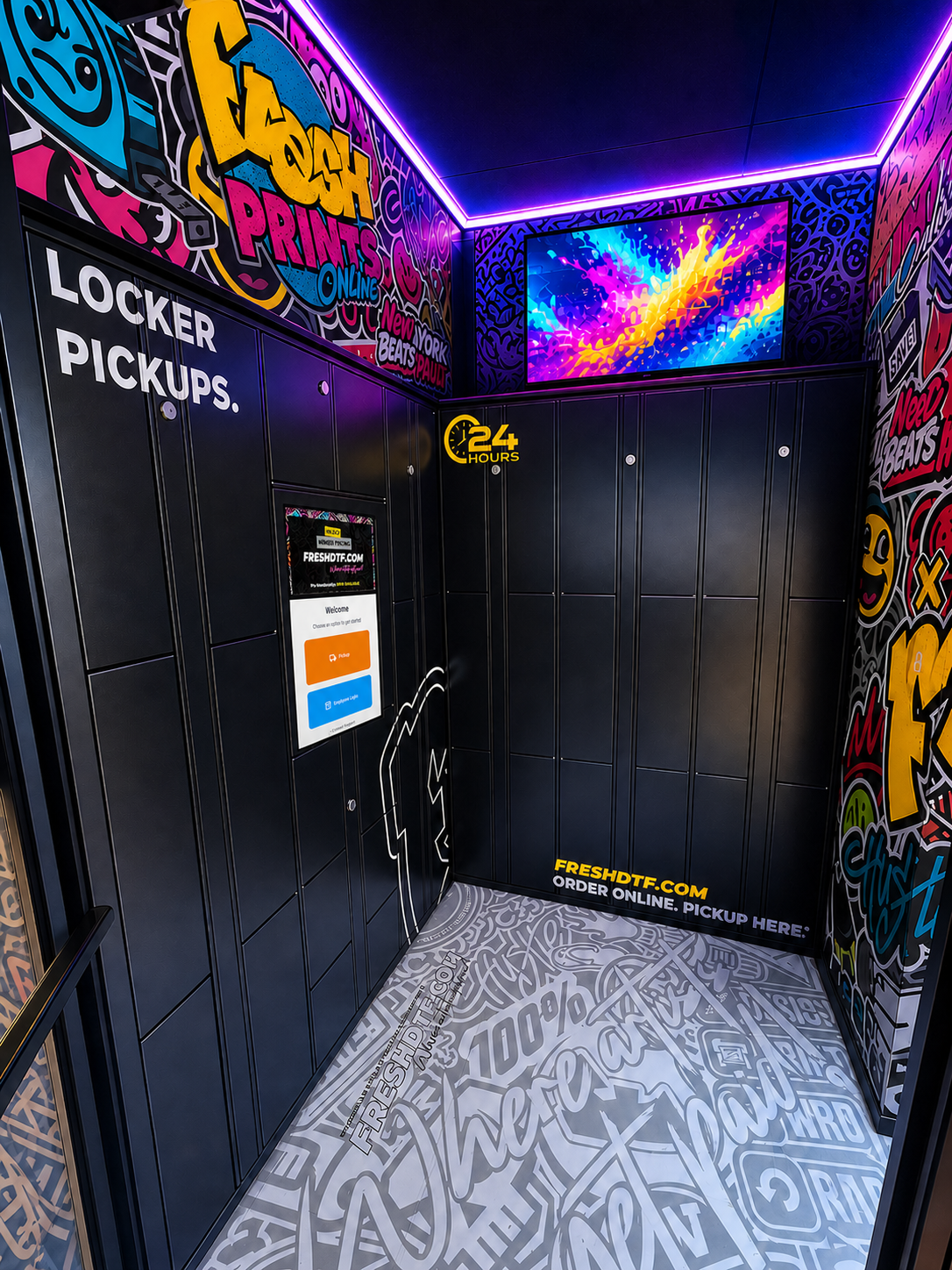 The Fresh Prints 24-hour Smart Locker room with its member-pricing banner and pickup touchscreen