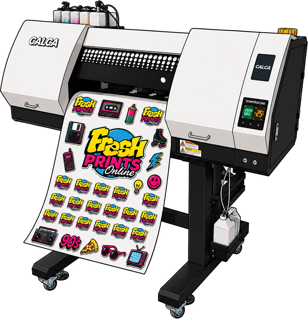 CALCA DTF printer producing a Fresh Prints transfer sheet