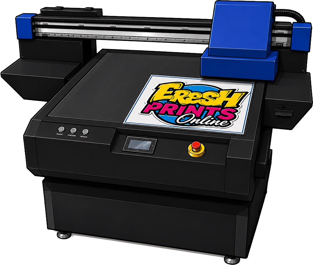 Flatbed printer producing a custom Fresh Prints sign