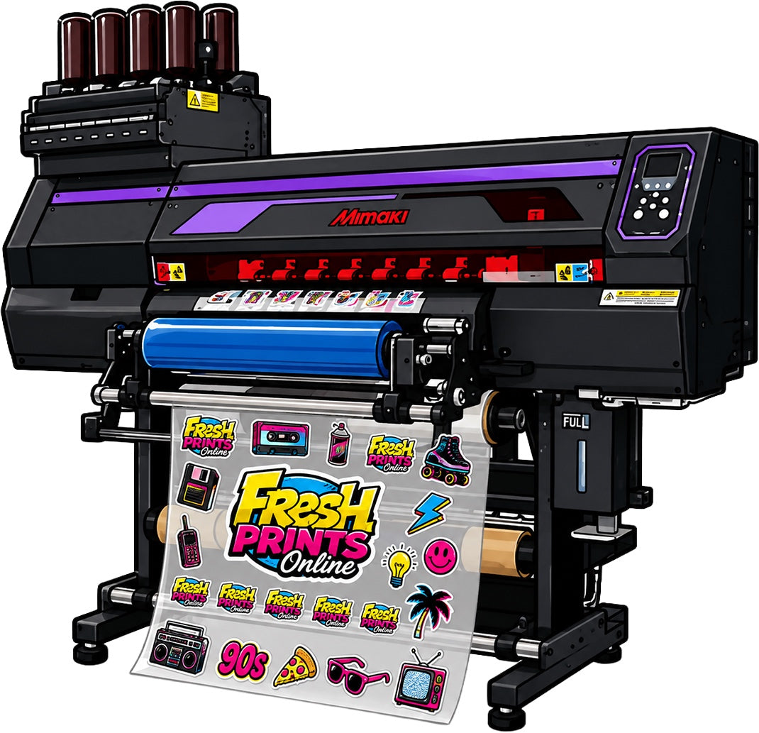 Mimaki printer producing custom Fresh Prints stickers
