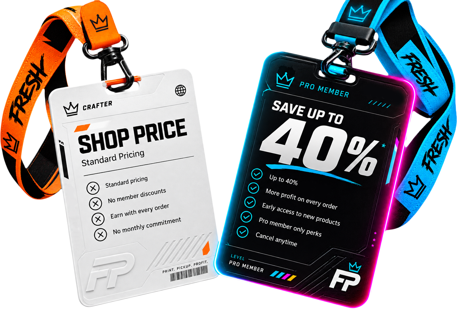 Shop Price and Fresh Pro Member credential badges with lanyards