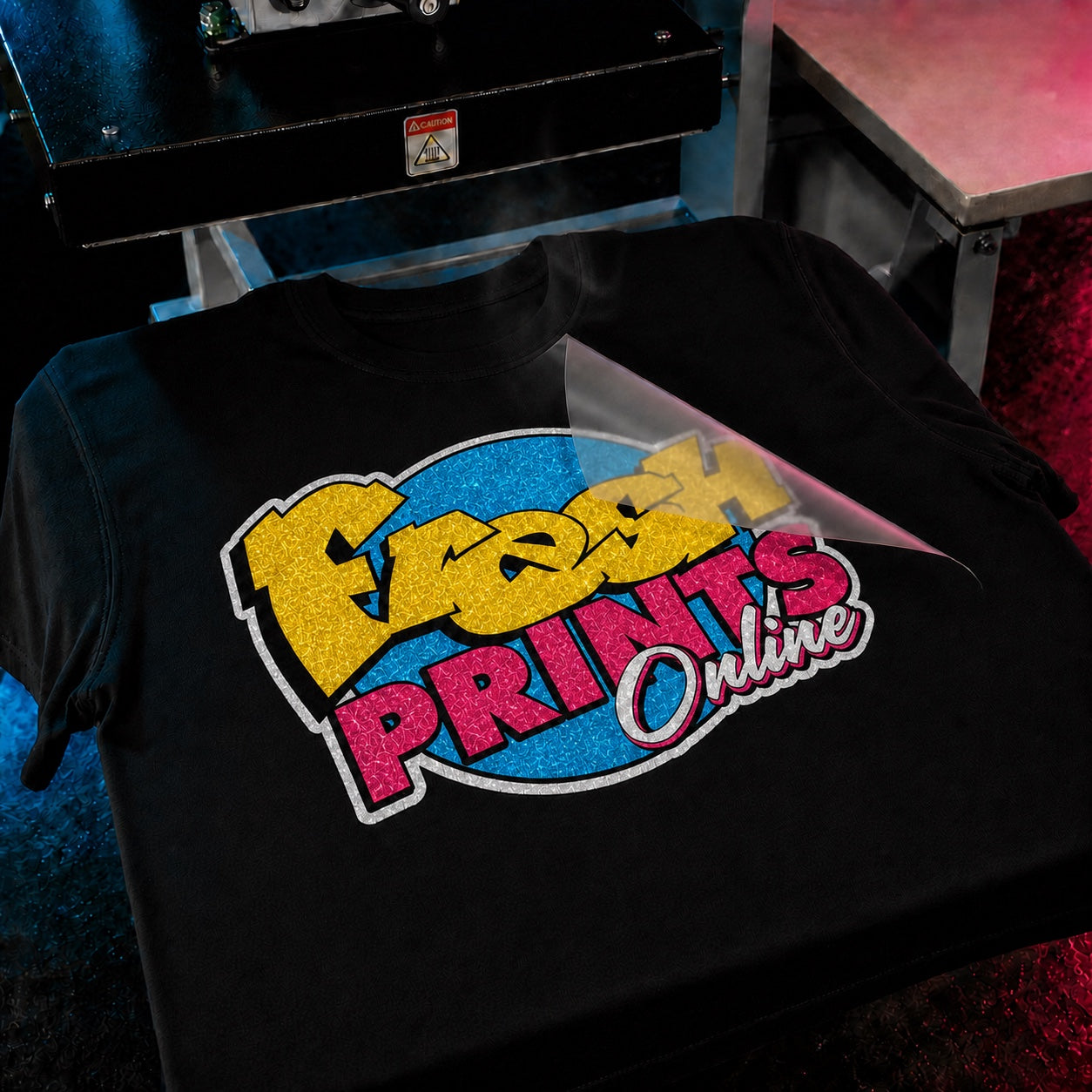 Fresh Prints Glitter DTF carrier film peeled from a finished black shirt after cooling