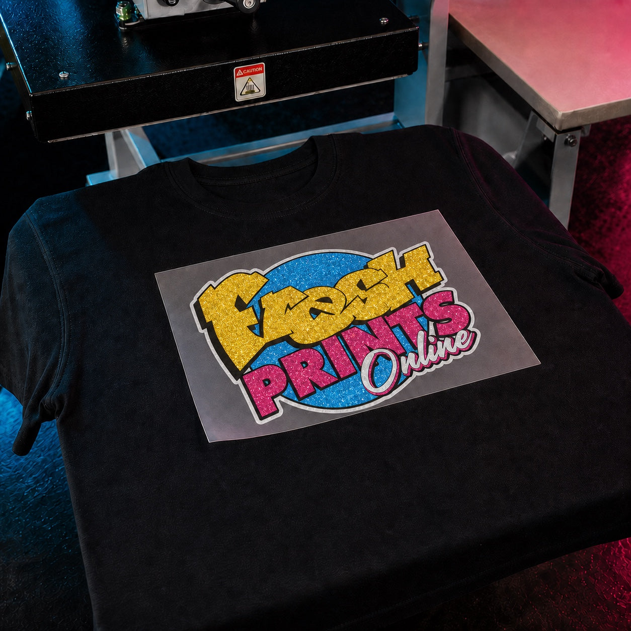Fresh Prints Glitter DTF transfer positioned on a black shirt before pressing