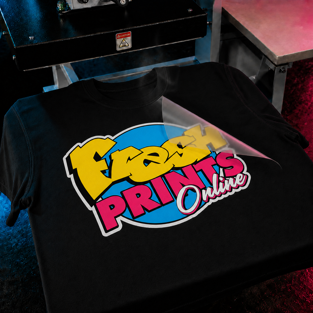 Fresh Prints Hot Peel DTF carrier film peeled from a finished black shirt
