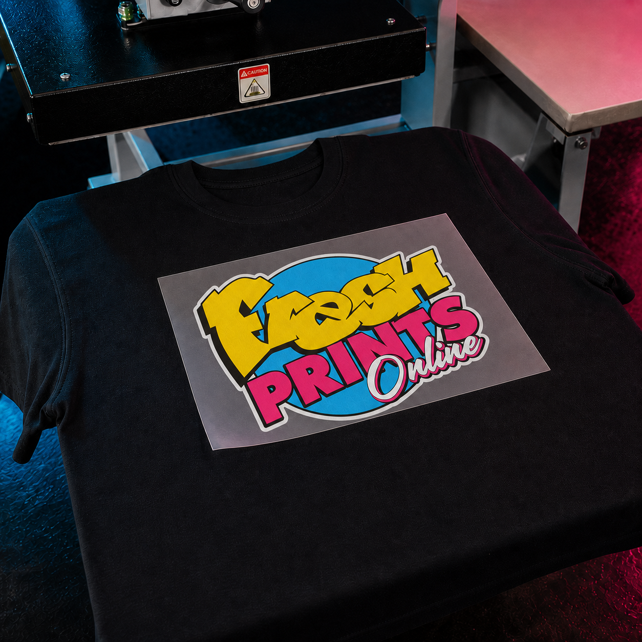 Fresh Prints Hot Peel DTF transfer positioned on a black shirt before pressing