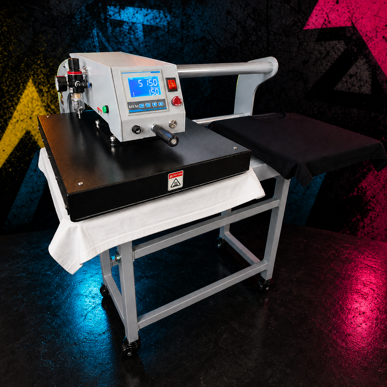 Black and white shirts positioned on a dual-platen heat press