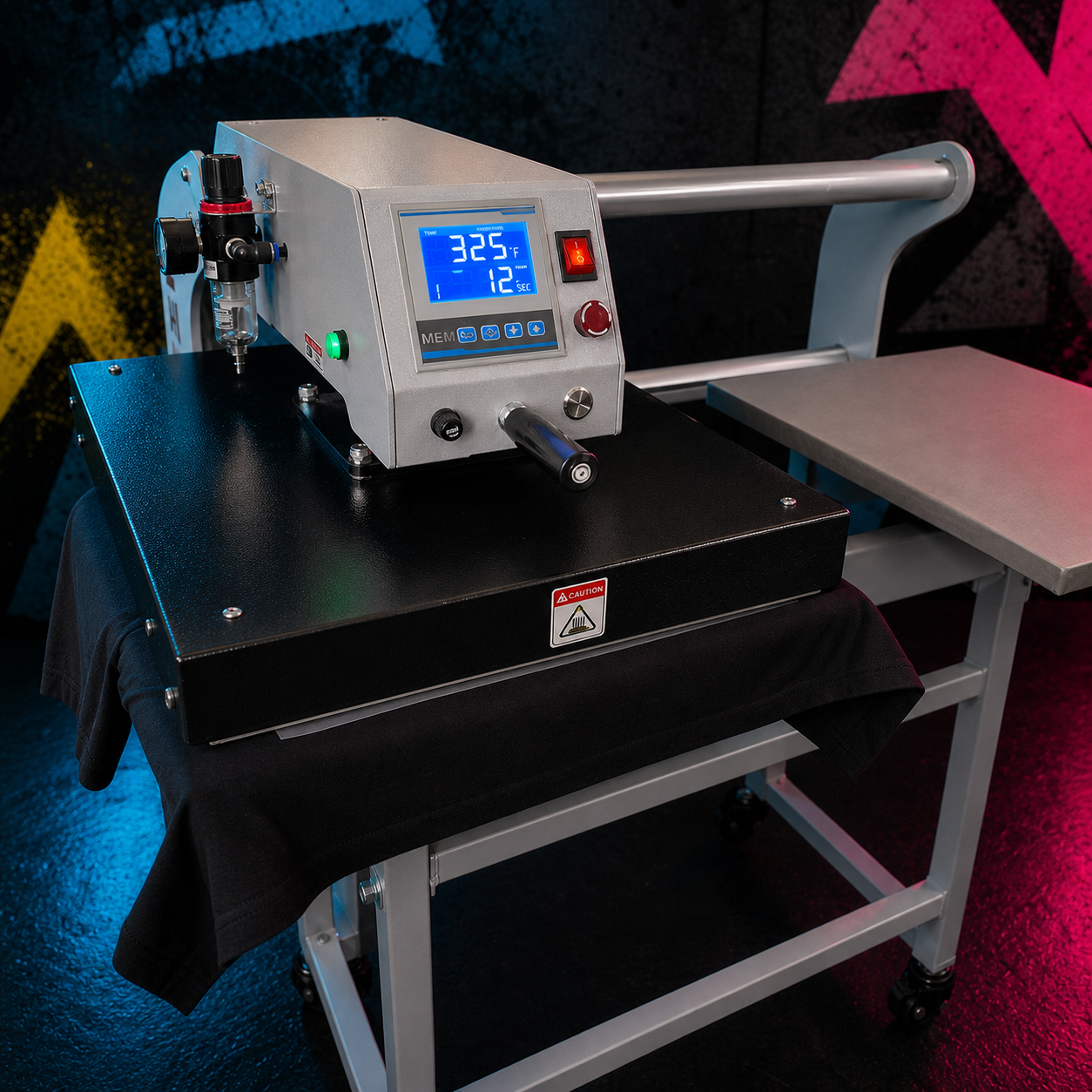 Heat press engaged on a Fresh Prints Hot Peel DTF transfer