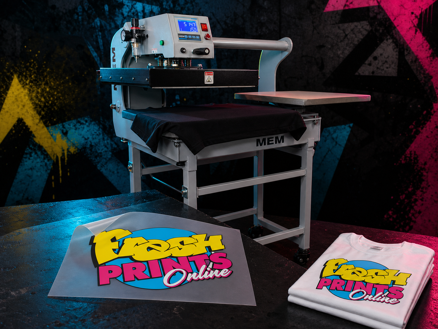 Fresh Prints Hot Peel DTF transfer, heat press, and finished shirt