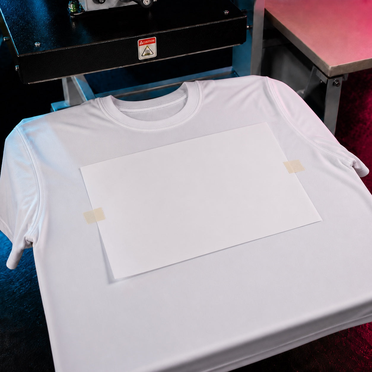 Blank white sublimation paper taped face-down on a white polyester shirt