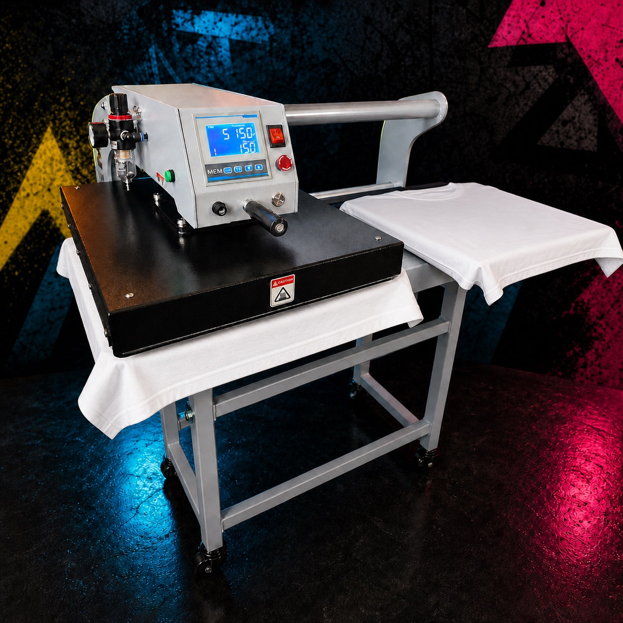 Blank white polyester shirts positioned on a dual-platen heat press