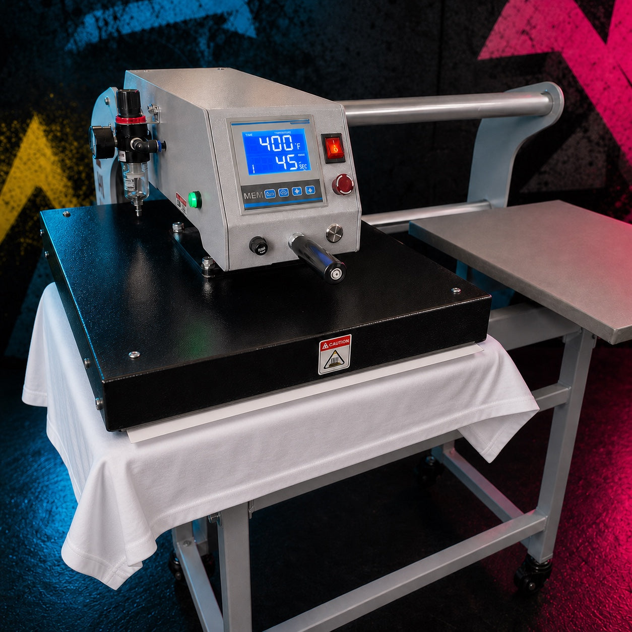 Heat press engaged on a white polyester shirt at 400 degrees for 45 seconds