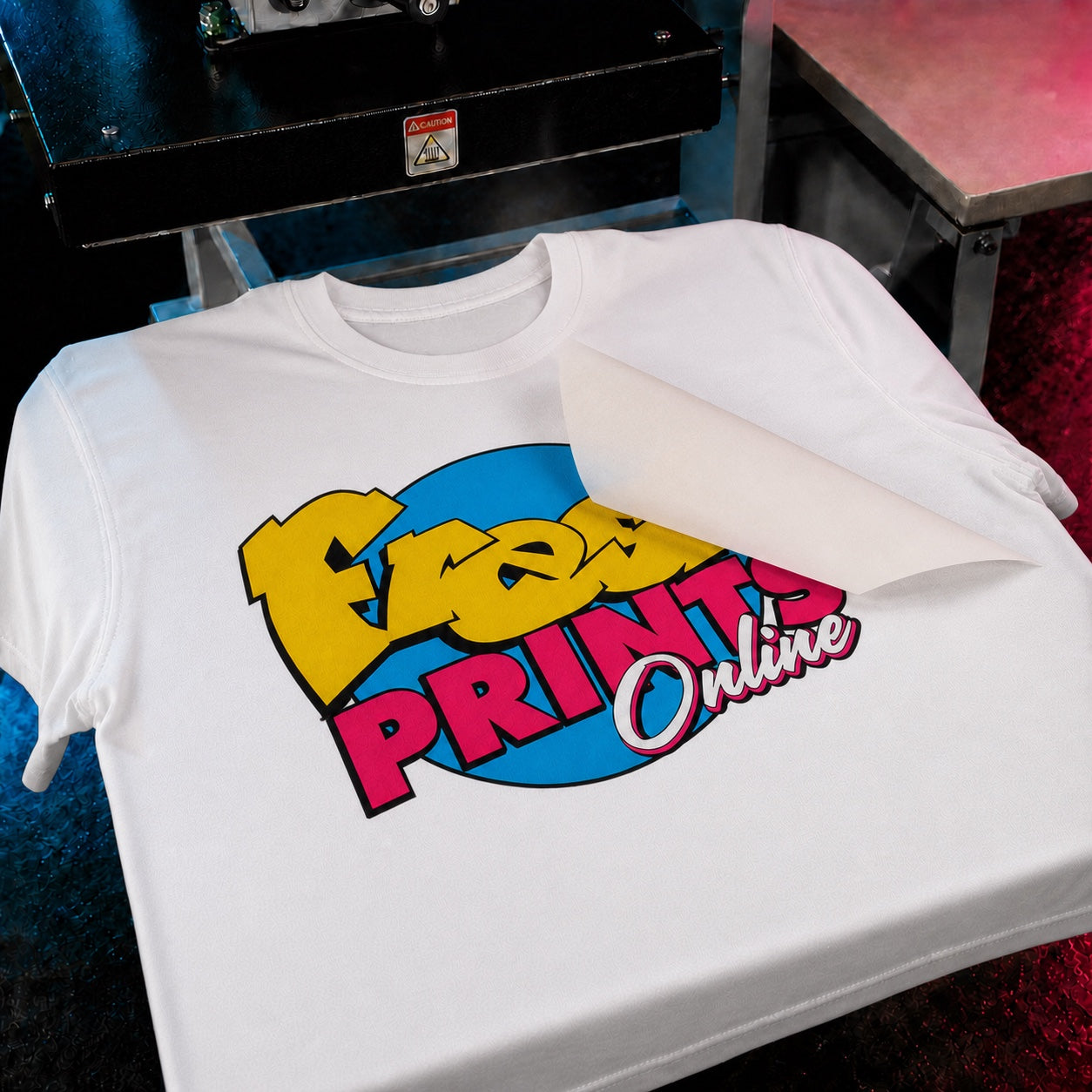 Blank white sublimation paper lifted to reveal the Fresh Prints logo dyed into a white polyester shirt