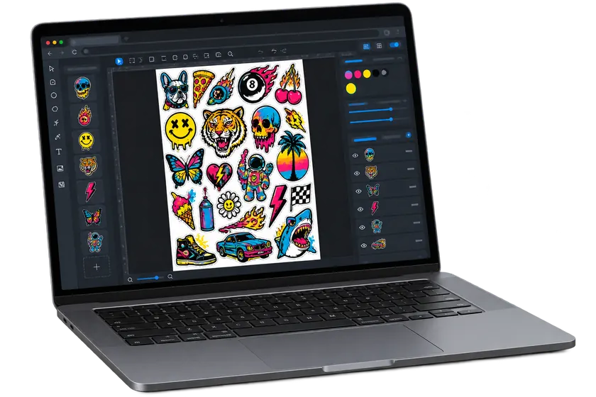 Gang sheet builder showing artwork arranged on a transfer sheet